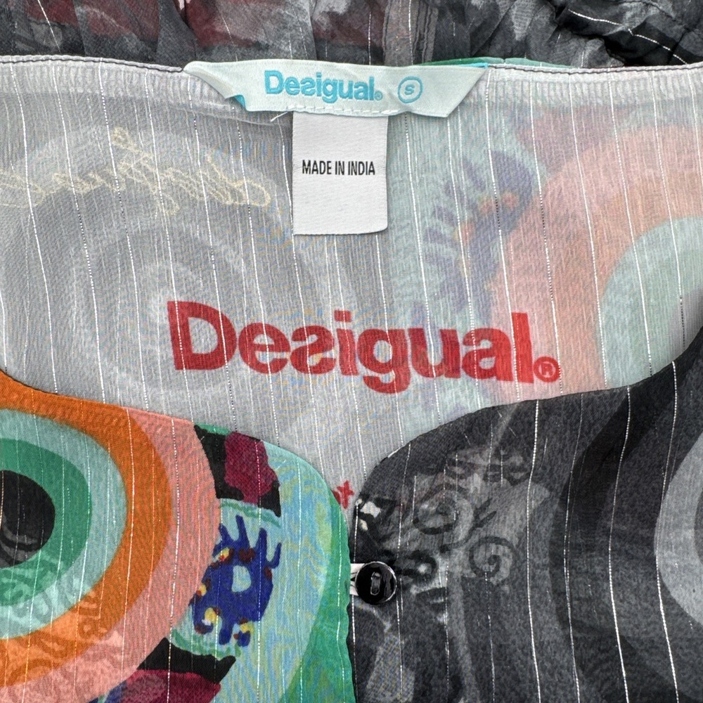 Desigual Small Colorful Patchwork Sheer Chiffon Tunic Blouse Boho Long Sleeve - Picture 11 of 11